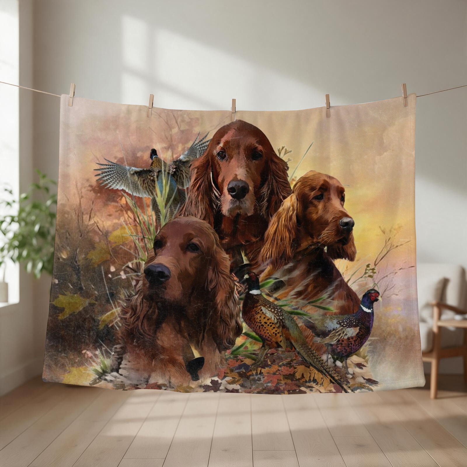 Outdoor Hunting Blanket - Irish Setters with Pheasants - Passion